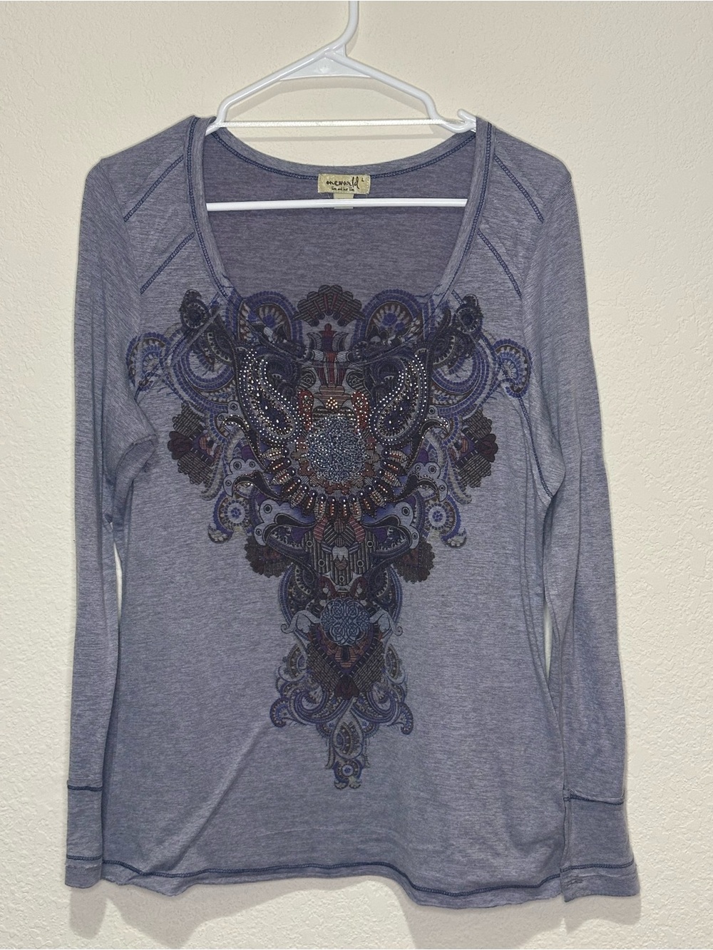 y2k ONE WORLD Purple Embellished Long-Sleeve Scoop Neck Top